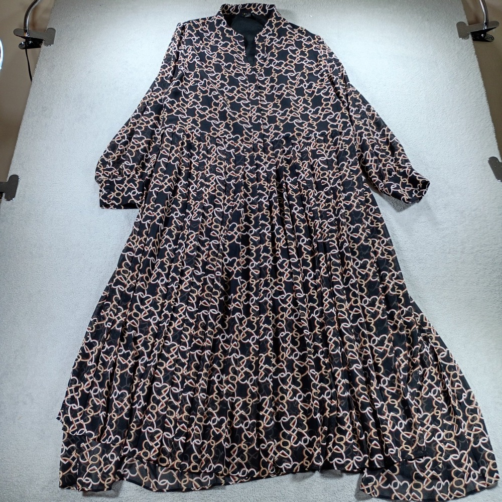 Ann Taylor Womens Pleated Maxi Dress Black Geometric Heart 16 Long Sleeve